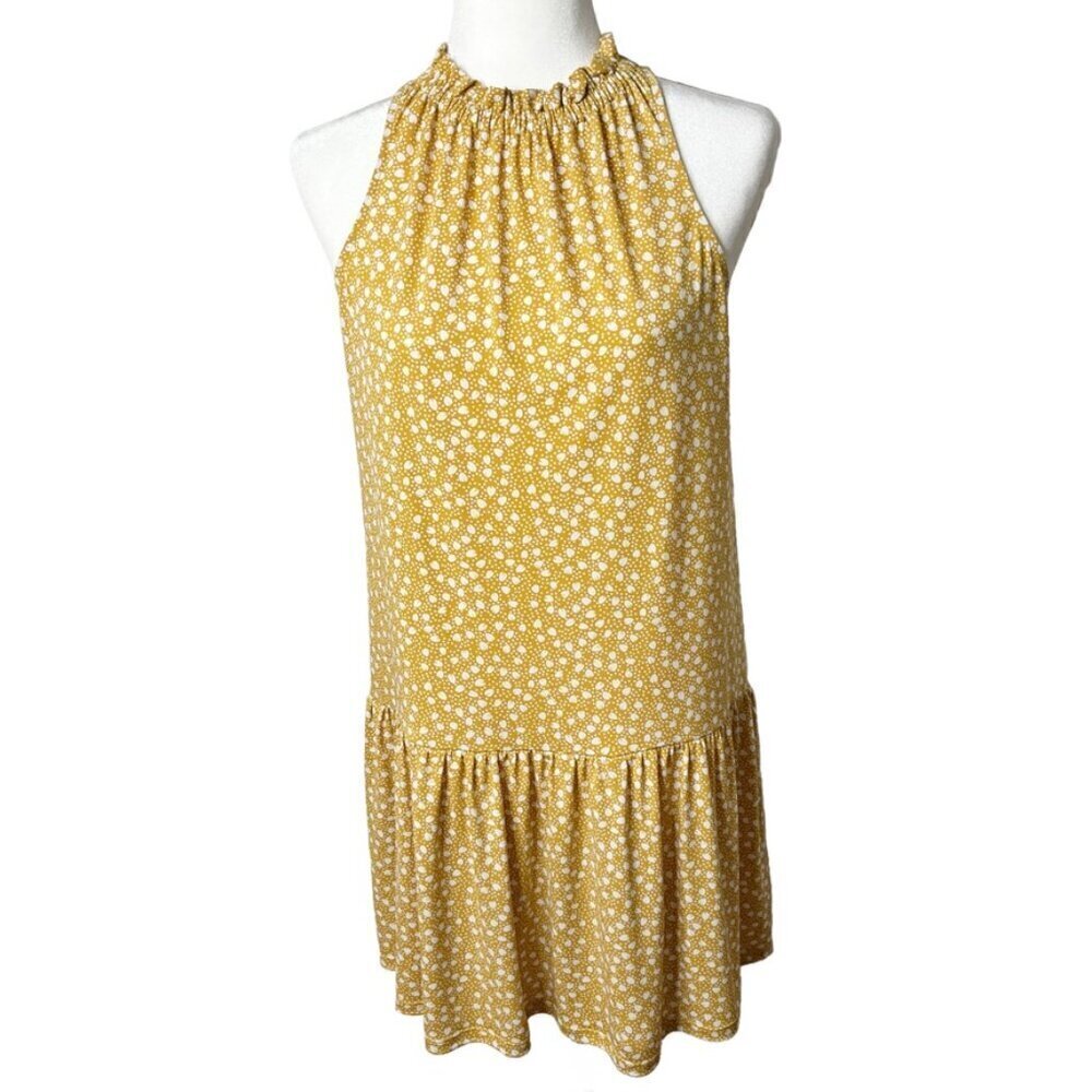 Banana Republic Women Petite Knit Flounce Shift Dress PS Yellow Print Sleeveless